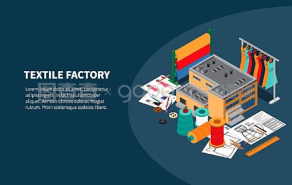 紡織工業制造 等距面料與紗織物設計在服裝架背景旗幟矢量插圖中的應用